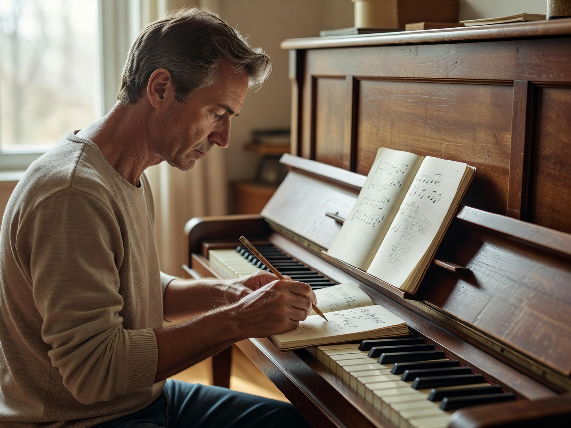 Lyric writer making pencil notes at an upright piano in a naturally lit room