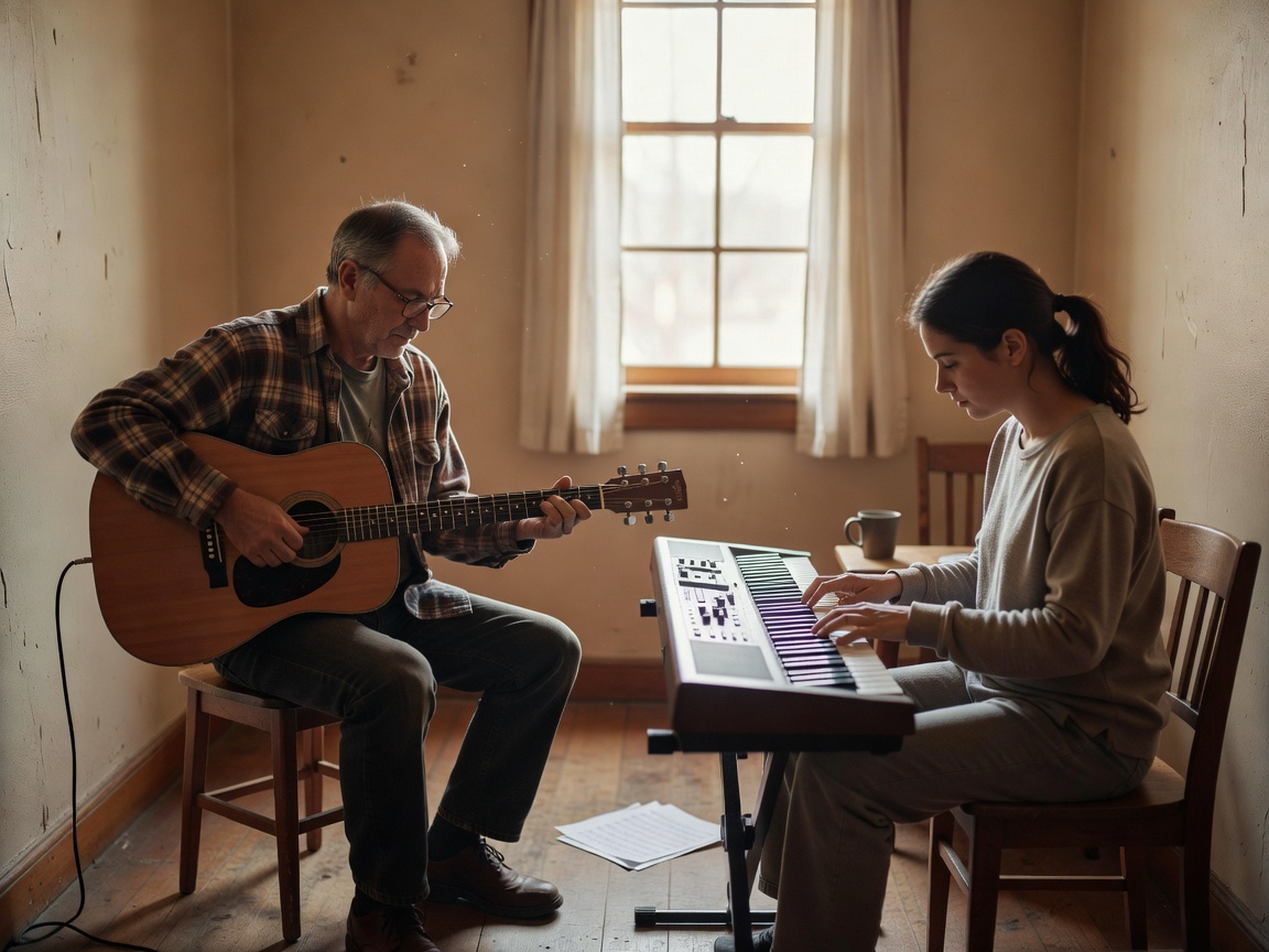 Two musicians quietly rehearsing with a guitar and keyboard in a modest daylit room
