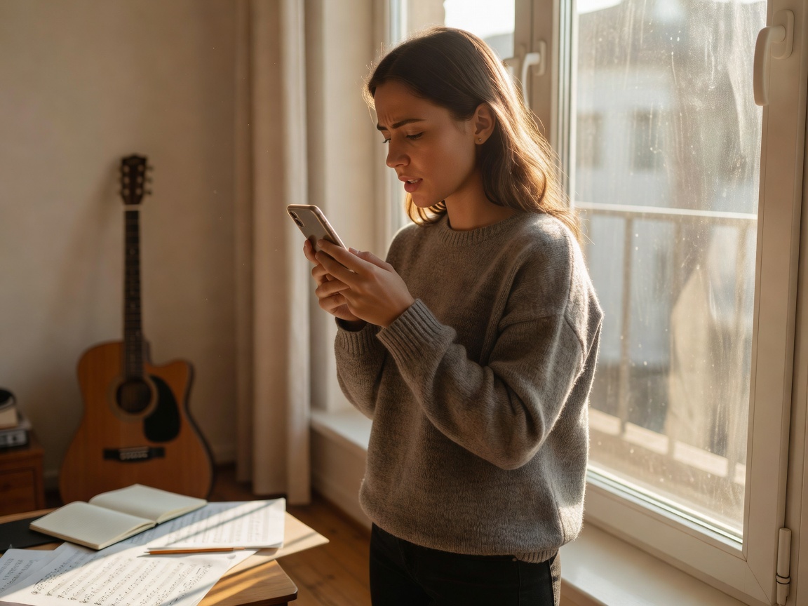 Person softly humming a melody into a phone beside a bright apartment window